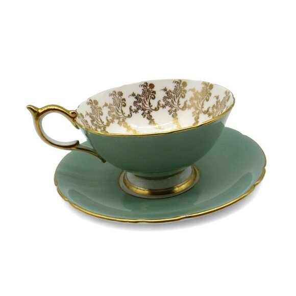 AYNSLEY Large Mouth Wide Teacup and Saucer Gold Filigree Floral Design England V - Picture 5 of 10